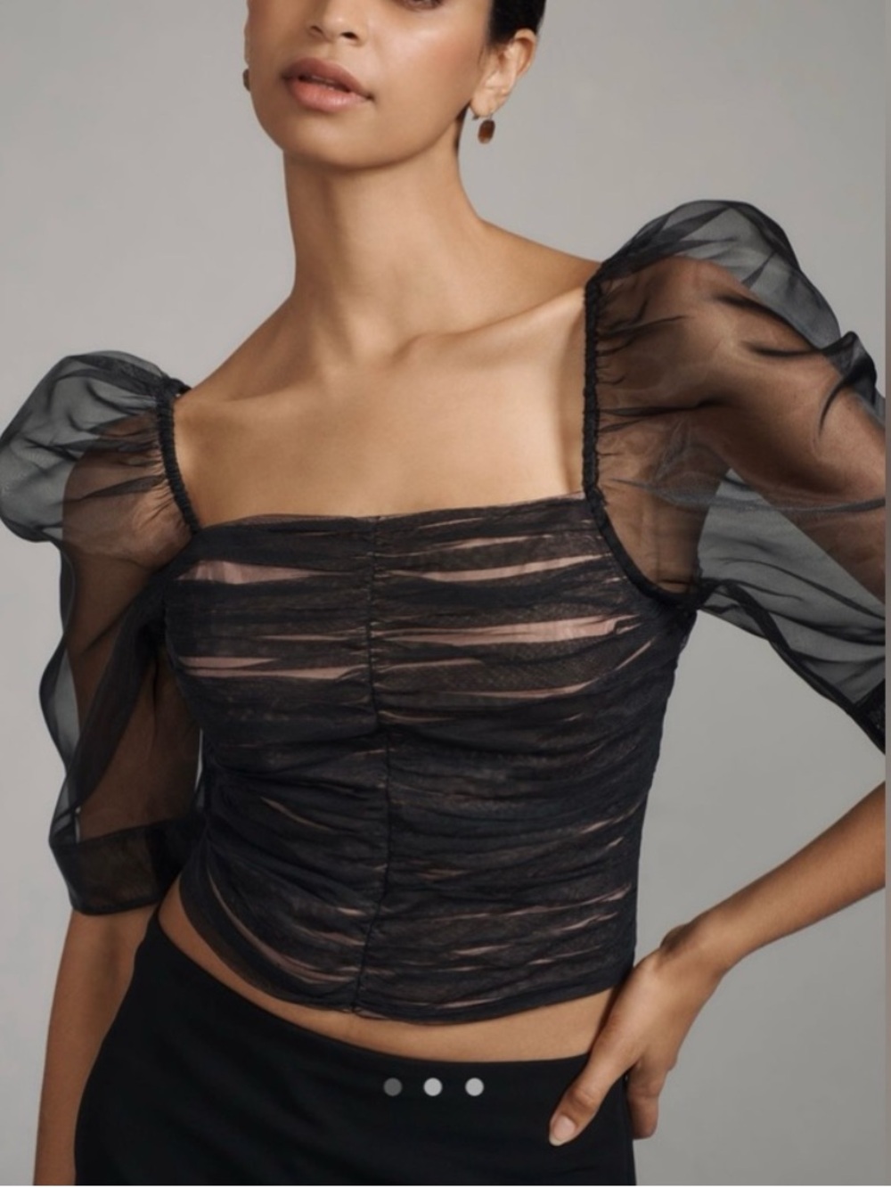 Anthropologie Black Sheer Puff-Sleeve Ruched Top